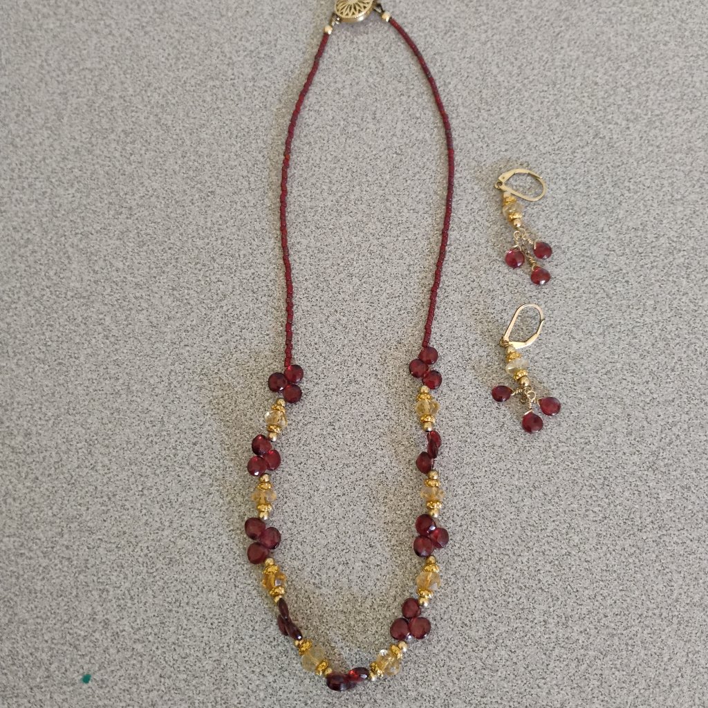 Gem Quality Garnet And Citrine Briolette Necklace W Matching Earrings Rare 350$